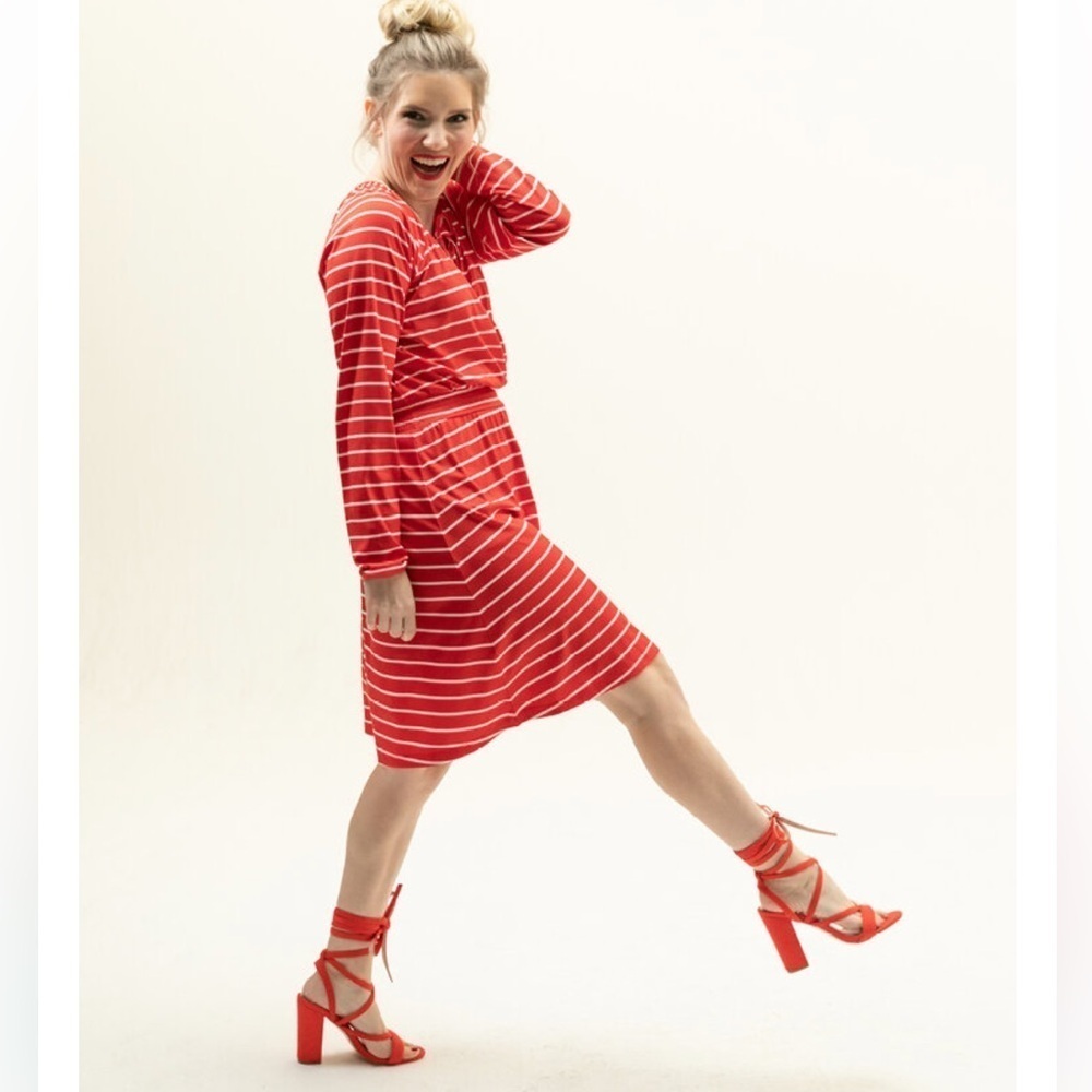 LulaRoe Jody Peasant Dress Red with White stripes Size Medium (10-12) EUC